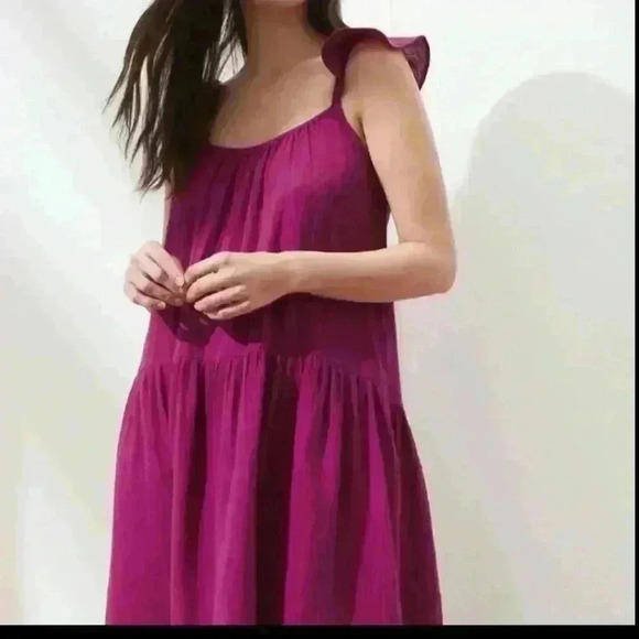 Frill-Sleeve Gauze Tiered Mid-Calf Dress - Picture 3 of 13